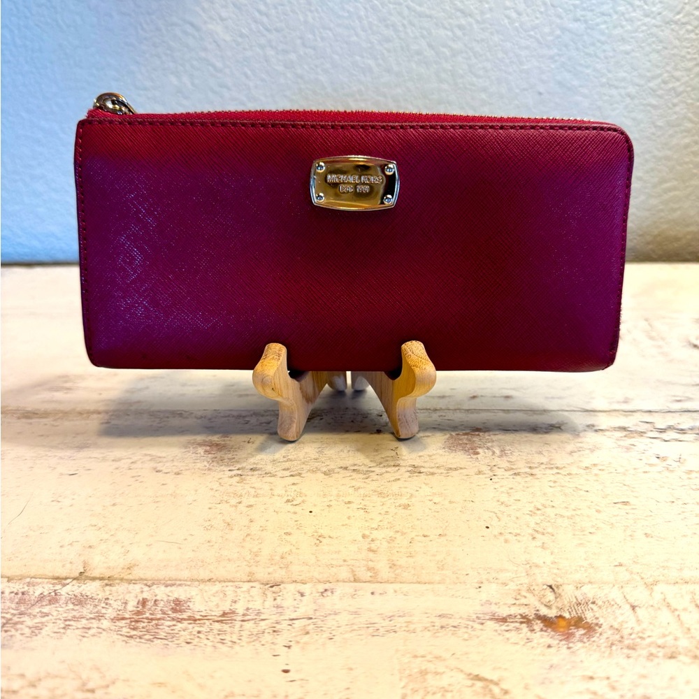 Michael Kors Saffiano Leather Zip-Around Wallet – Raspberry Red